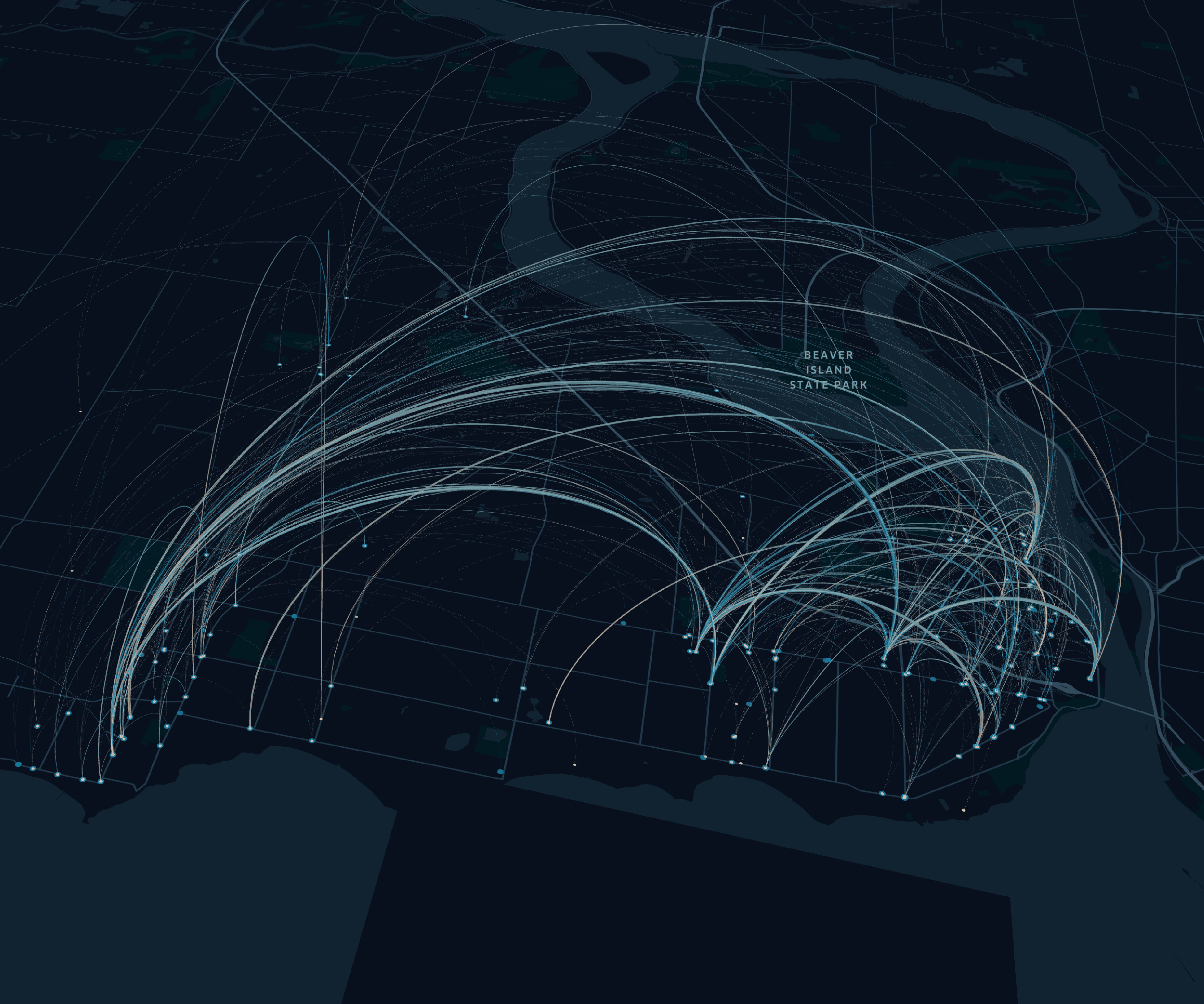 A 3D map that shows arcs to/from different points on the map